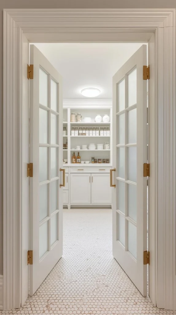 walk in pantry framed by double white doors with frosted glass panels.