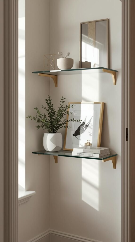 wall mounted mirrored shelves holding minimal decor a small potted plant, white ceramic bowl