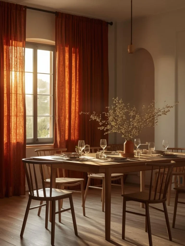 Warm dining space with terracotta curtains against a neutral wall, natural wood dining table with rustic details, earthy tableware, golden-hour sunlight filtering through.