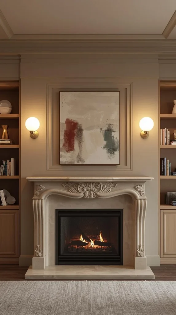 warm, elegant living room with neutral taupe walls with two modern cordless globe wall sconces