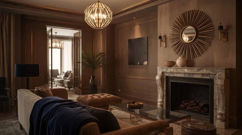 wide shot of a living room featuring a few intentional art deco touches one bold light fixture, velvet throw, sunburst mirror, and marble accents.