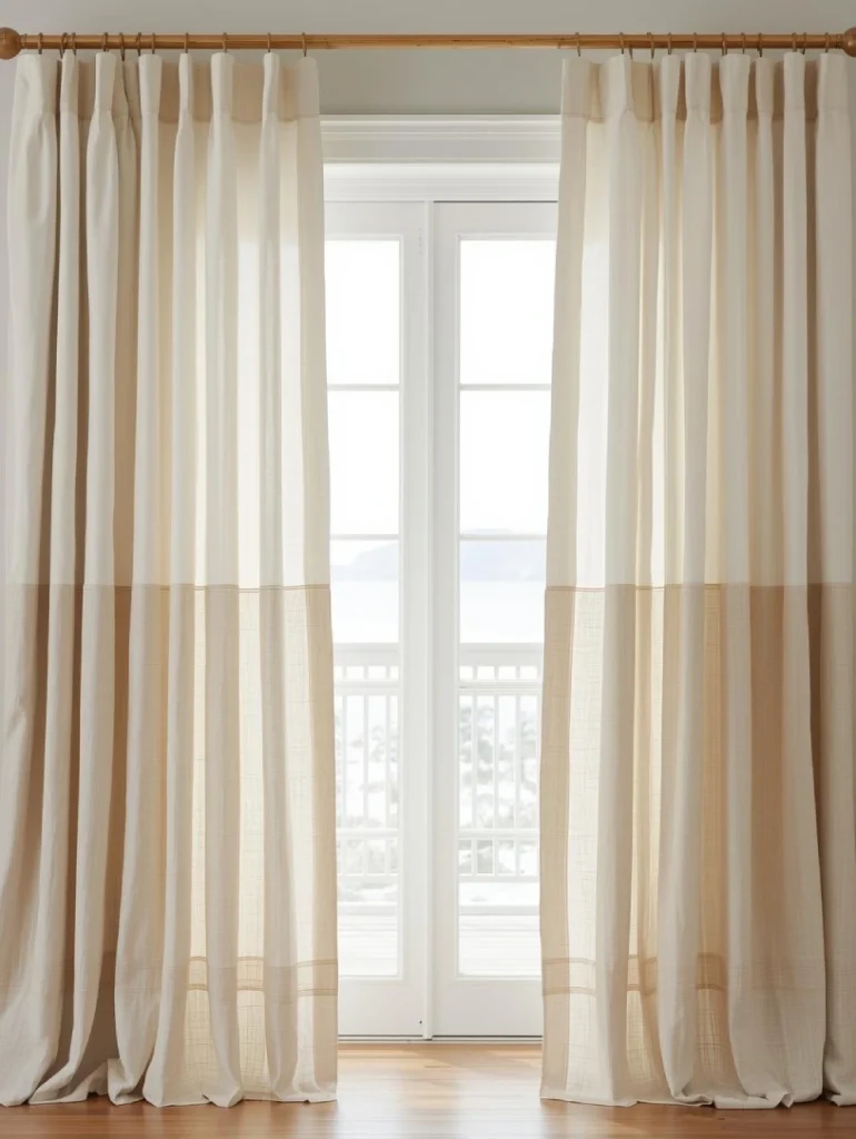 Windows dressed in light linen curtains layered with neutral cotton panels, soft ivory and sandy beige tones, natural woven curtain rods, sunlight filtering in, creating warm and airy winter coastal look.
