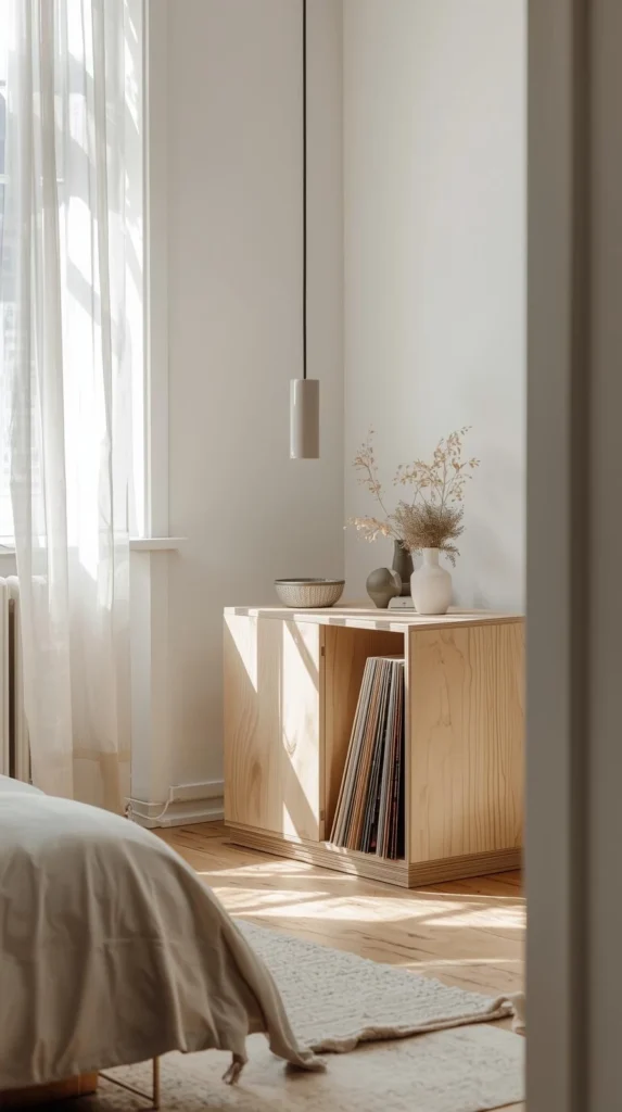 birch plywood cube with open vinyl storage,
