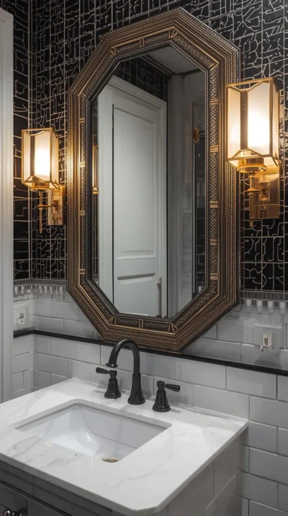 brass sconces flanking a large art deco mirror powder room