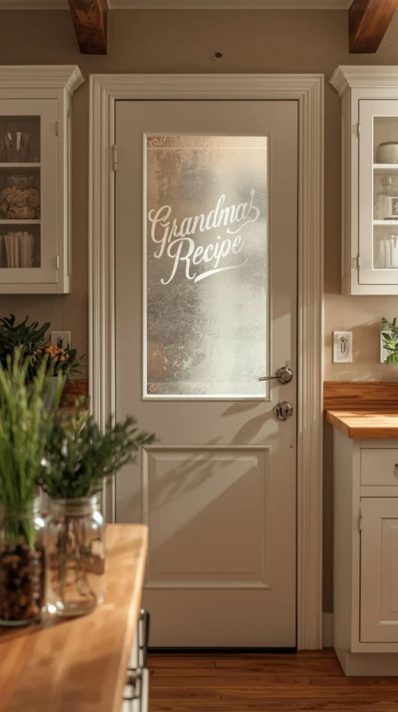 frosted glass pantry door etched “grandma’s recipe”