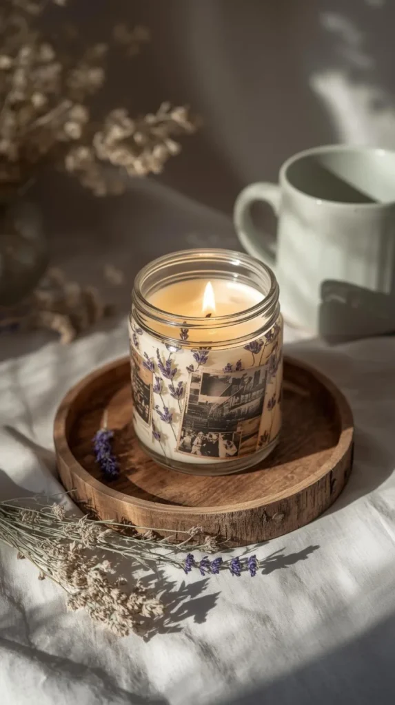 glass jar candle decorated with decoupaged photos