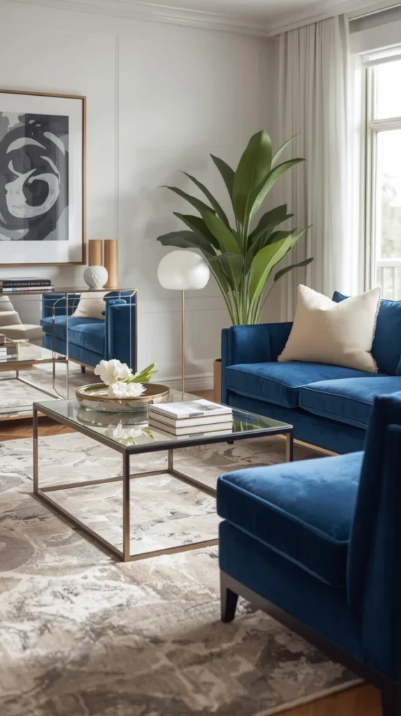 living room with affordable reproduction art deco furniture