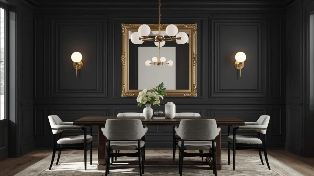 modern dining room with dark charcoal paneled walls, two brass and white cordless wall sconces