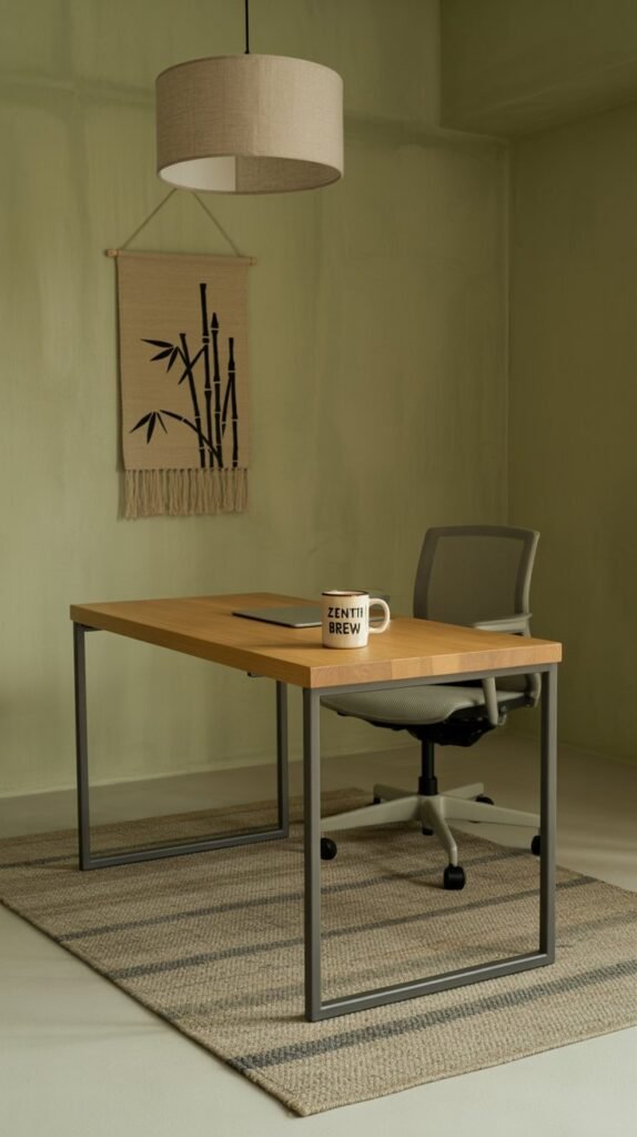 A Japandi-inspired industrial office that balances raw structure with organic warmth. At the center, a slim steel-frame desk with a natural oak top creates a sleek yet approachable work surface. A graphite-toned ergonomic task chair complements the desk, functional but understated. The backdrop features limewashed gray walls, adding soft depth and texture that mellows the industrial edge. A woven wall hanging introduces handmade tactility, contrasting with the steel lines. On the floor, a flatweave wool rug in muted tones grounds the space with subtle softness. Overhead, a linen drum pendant casts diffused, ambient light, softening the atmosphere and creating warmth. The palette blends graphite, oak, and soft neutrals, achieving a workspace that feels modern, functional, and inviting while maintaining Japandi calm.