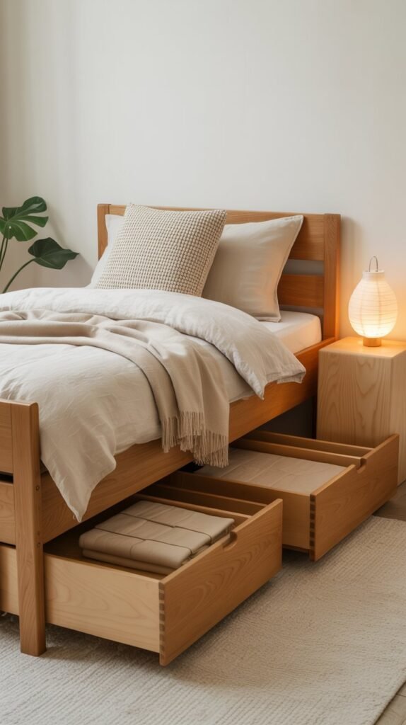 A Scandinavian-inspired bedroom with natural oak twin captain bed with dovetail drawers anchors the space, offering both beauty and function. The bed is dressed in a creamy linen duvet, layered with a soft wool throw and a honeycomb knit pillow for texture and warmth. Surrounding the bed are warm white walls and a pale, subtly textured rug that adds depth without distraction. A minimalist birch nightstand holds a leafy green plant and a simple white paper lantern casting soft, diffused light.  Bed sheet sets neatly organize items within the bed drawers, keeping the space clutter-free and cozy. The atmosphere feels calm, tactile, and inviting—blending functionality with the effortless comfort of Scandinavian design.