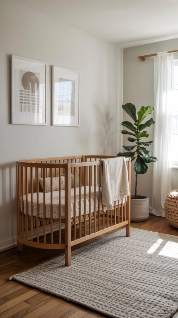 A elegant Scandinavian-style nursery with beech wood furniture, white walls, simple geometric art, and wool rug; bright natural light and minimal decor for a clean, calm look.