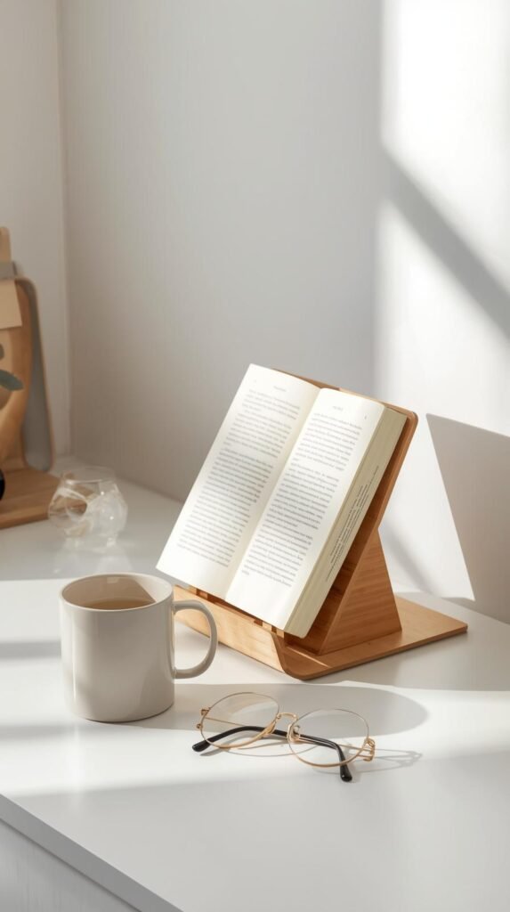 A bamboo book stand on a desk or kitchen counter holding an open book. 