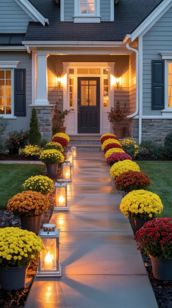 A beautifully lit fall front walkway leading to a cozy suburban home at dusk. The concrete path is lined with glowing lanterns placed on small hay bales and surrounded by pots of colorful fall mums in shades of yellow, orange, and deep red. Soft pathway lights add extra warmth and guide the way toward a front porch with a black door and white trim. The golden candlelight reflects gently off the lantern glass, creating an inviting, serene glow that enhances the seasonal atmosphere. The home exterior features light gray siding, stone accents, and a welcoming, softly illuminated entry—perfect for an elegant autumn evening scene.