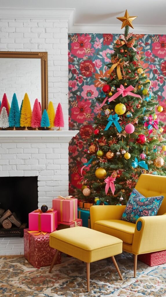 A bold and colorful Christmas living room filled with retro-inspired holiday cheer.