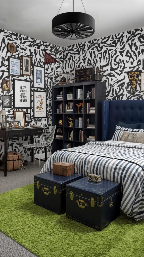 A bold and stylish teen boy’s bedroom featuring dramatic black and white vertical striped walls for a graphic statement. The bed has an olive green upholstered headboard and is dressed in layered blue, gray, and white striped bedding. At the foot of the bed, stacked navy blue vintage trunks with brass details serve as a creative storage solution or bench. A bright green area rug adds a pop of color and contrast to the dark palette. On one wall, a navy blue cubby bookshelf displays books, trophies, sports memorabilia, and framed art. Above the shelf and throughout the room, a gallery wall features framed prints, sports pennants, and eclectic artwork. The study area includes a geometric black and white desk with a modern wire chair, while a matte black chandelier adds an edgy, sophisticated touch. The overall style is modern, masculine, and playful—perfect for a preteen or teen boy’s room.