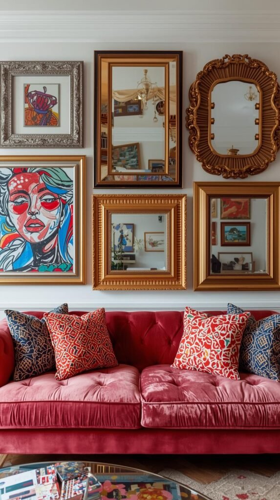 A living room with DIY gallery wall ideas quotes and travel prints above a desk.
