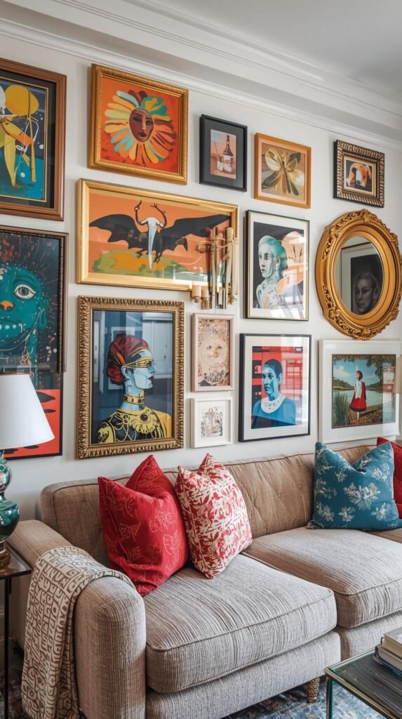 Design a vertical collage featuring four different room setups, each with its own gallery wall style.A bold living room gallery with mixed art and mirrors above a sofa.A calm, neutral bedroom with minimalist art above a headboard.A hallway gallery with a symmetrical Family Photo Wall in black-and-white.A home office with motivational quotes and travel prints above a desk.
Each scene should have distinct lighting and styling that reflects the personality of the room, unified through warm tones and cohesive framing.