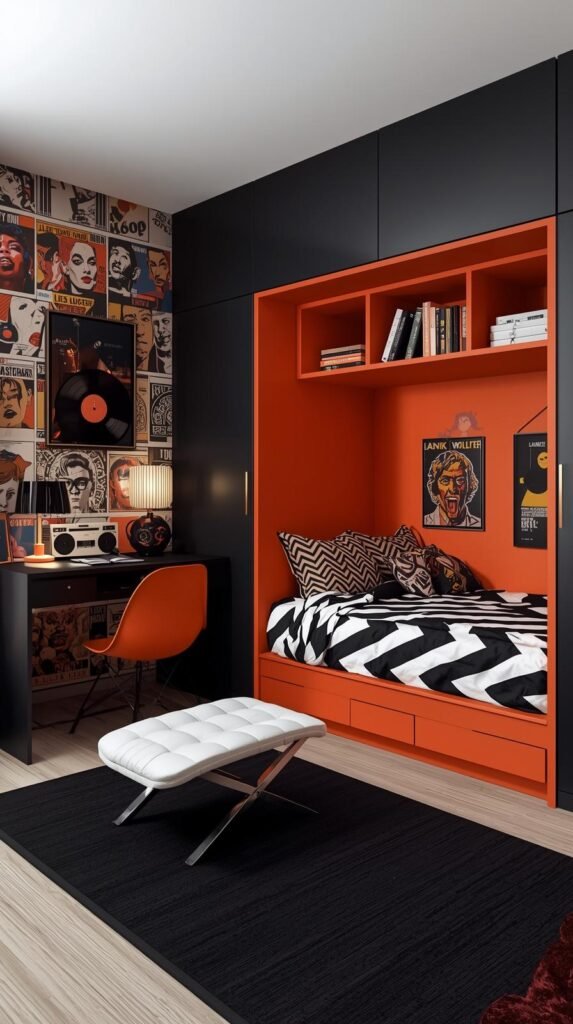 A bold, retro-inspired teen bedroom with a striking color palette of black, white, and burnt orange. The bed is tucked into an orange alcove with built-in shelves, surrounded by framed pop art prints and graphic wall art. The bedding features a black and white chevron pattern, complemented by patterned throw pillows. A modern white lounge chair sits beside a geometric rug, while a black wall-mounted desk with an orange chair adds a sleek workspace vibe. The left wall features music-themed wallpaper and stylish decor accents, including a record-inspired lamp and orange accessories. A vintage-style boombox under the bed adds a nostalgic touch. The overall design is energetic, creative, and perfect for a teen who loves music, art, and bold design statements.