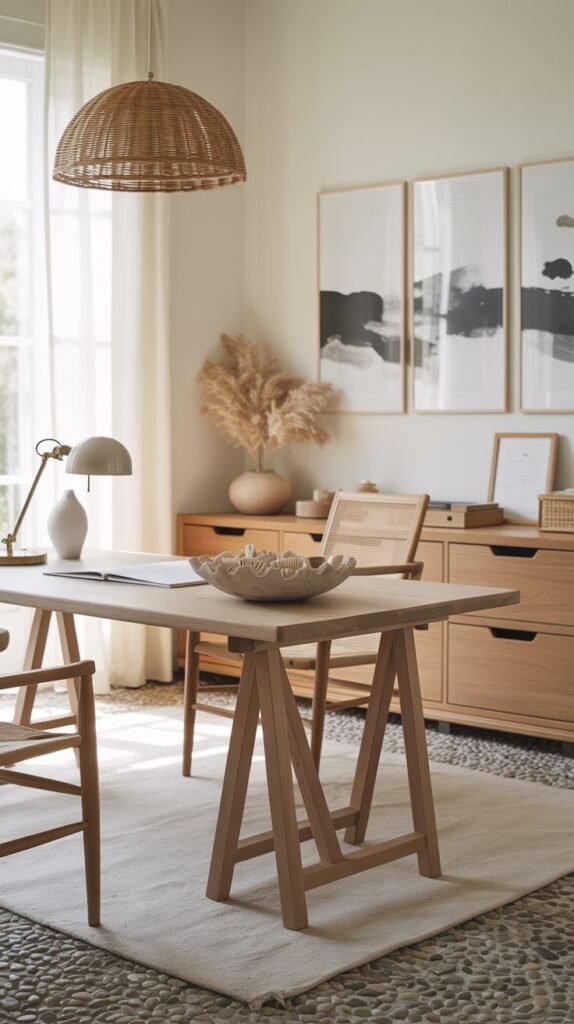 A breezy Japandi-inspired home office with subtle coastal influences, blending soft neutrals, airy textures, and natural materials. A bleached oak trestle desk with clean lines anchors the space, paired with a sand-colored linen chair for comfort in a tonal palette. Beside the desk, a cerused oak file pedestal provides discreet storage that blends seamlessly into the scheme. Underfoot, a pebble-speckled wool rug grounds the room with organic texture. Overhead, a woven rattan dome pendant casts warm ambient light, while a crisp porcelain task lamp on the desk offers focused illumination. On the wall hangs an abstract ink-wash triptych, adding soft flow and movement without overpowering. A stoneware bowl filled with collected seashells sits on the desk, offering a subtle coastal reference. The overall atmosphere is fresh, calm, and quietly elevated—a coastal Japandi office that balances serenity, creativity, and effortless style.