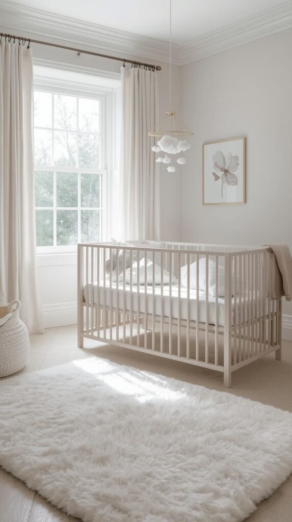 A bright, airy baby room in shades of white and pale gray with cloud-shaped pillows, cotton drapes, and plush textures; floating mobile and fluffy area rug add a serene feel.