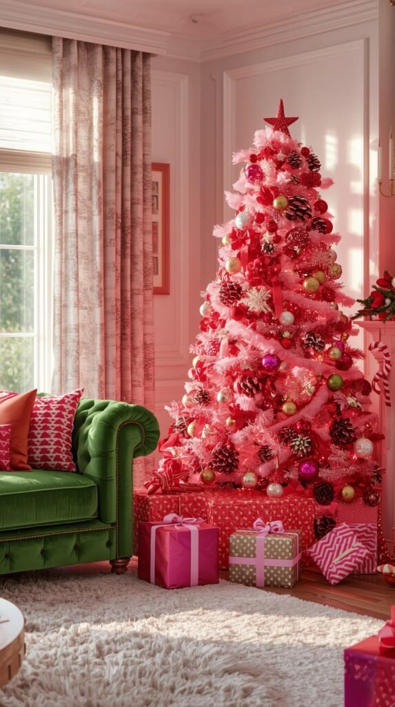 A wide living room view showcasing the full Berry Jolly Christmas decor.