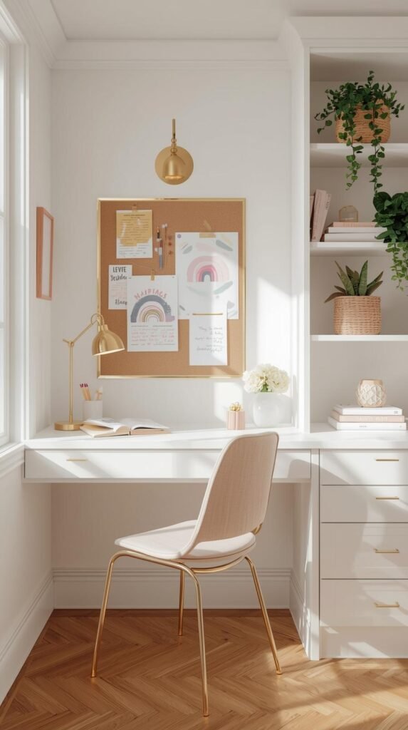 A bright and feminine home office or study nook with a soft, airy aesthetic. The space features built-in white cabinetry with gold hardware and warm wooden flooring. A sleek white desk is styled with colorful pencils in a gold holder, a pink ceramic lamp, and a small vase of white flowers. Above the desk, a gold-framed pinboard displays cheerful pastel artwork and notes, including rainbows, abstract shapes, and motivational quotes. A brass wall sconce provides elegant task lighting. Open shelves are neatly styled with woven baskets, plants, books, and decorative objects in neutral and blush tones. The overall vibe is clean, cozy, and uplifting — perfect for a creative workspace or home office inspiration with a touch of modern glam