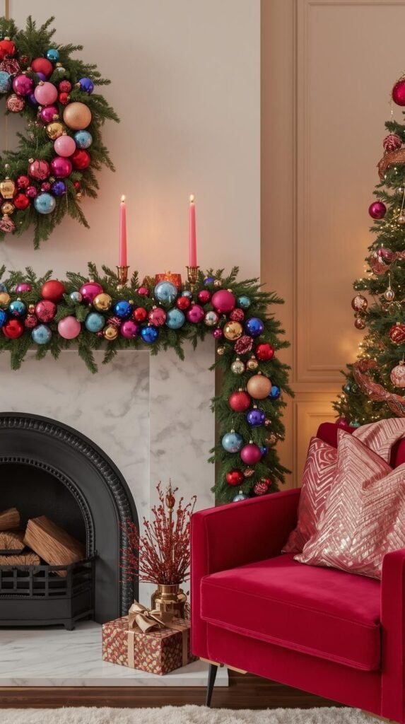 A cheerful and modern Christmas mantel decorated in bright, festive colors.