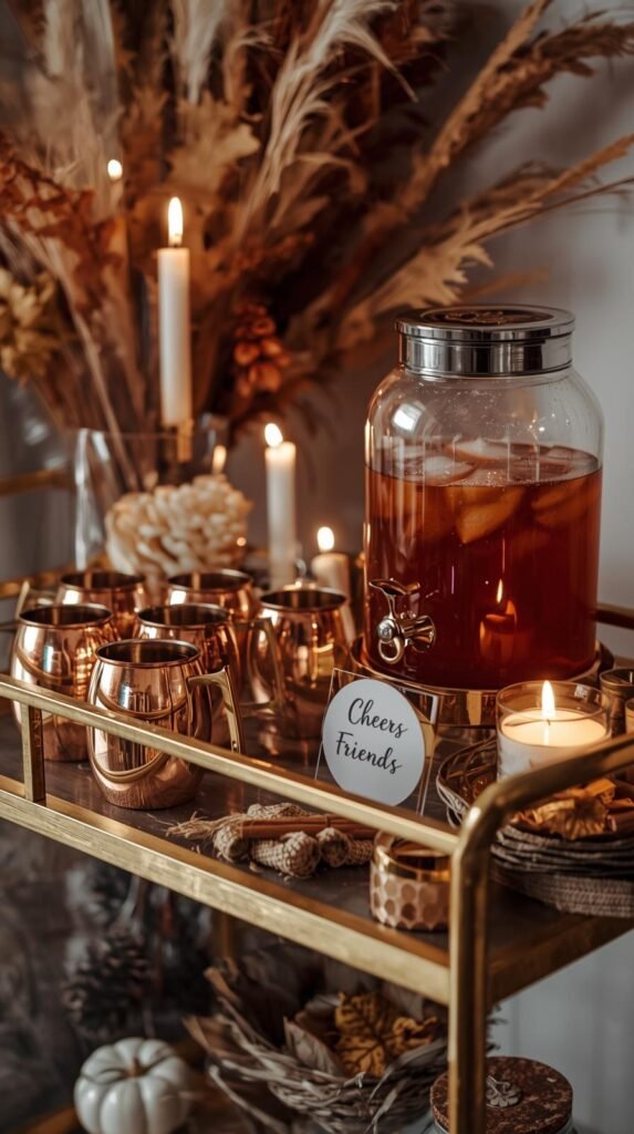 A chic bar cart setup for Friendsgiving - gold cart with copper mugs and drink dispenser 