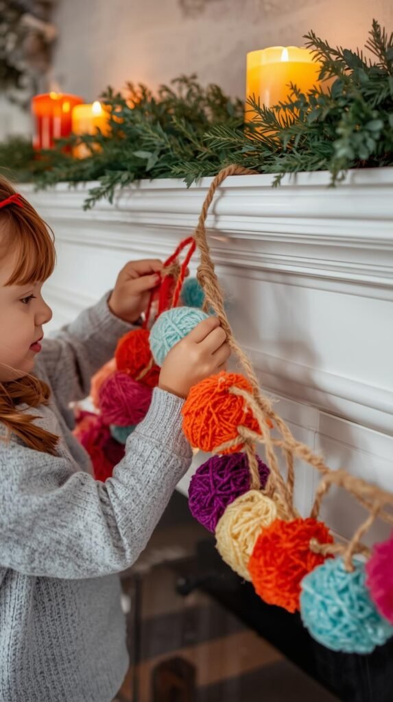 A child threading colorful yarn pom-poms onto twine. Garland draped across a white mantle decorated with candles and greenery. Bright, cheerful, homey atmosphere