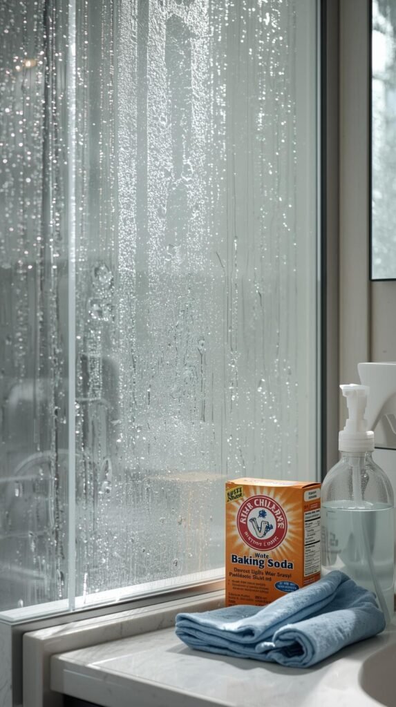 A close-up macro shot of hard water stains and soap scum buildup on a glass shower door. 