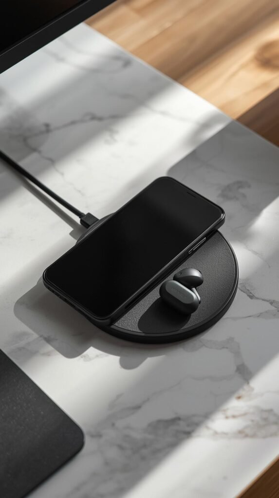 A close-up of a minimalist wireless charging pad holding a smartphone and earbuds, placed on a marble or wooden office desk.