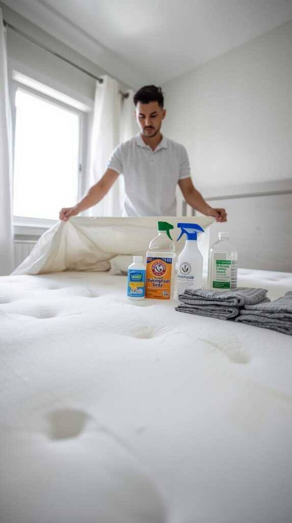 A close-up of a person removing bedding from a queen-sized mattress in a bright, tidy bedroom.