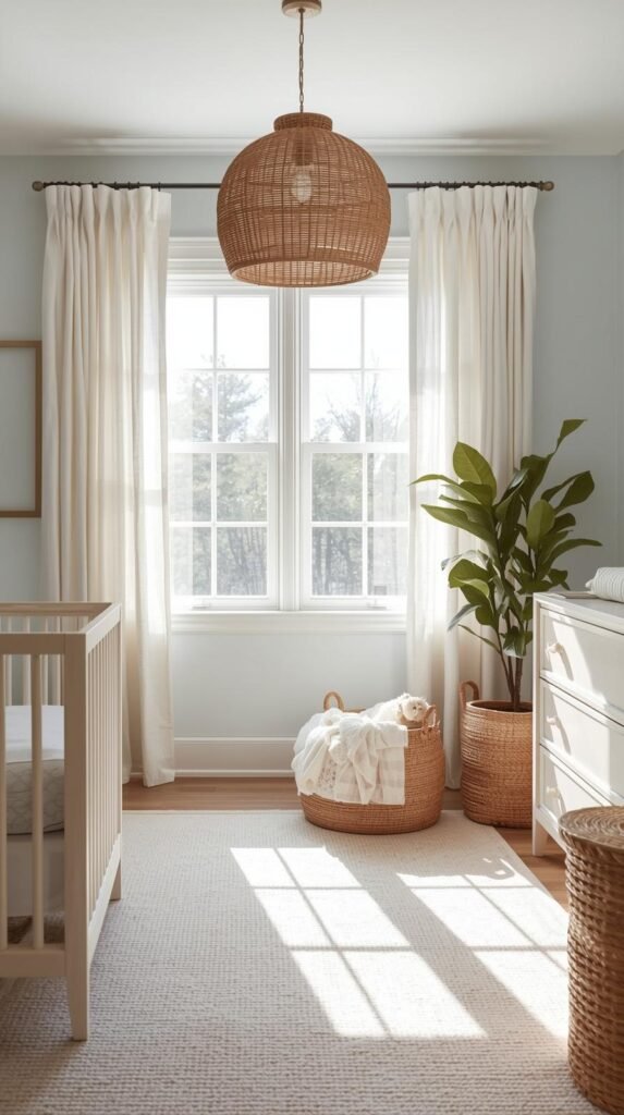 A coastal-inspired nursery with pale blue and beige tones, linen curtains, rattan pendant light, seagrass baskets, and light wood furniture; airy and sun-washed ambiance.