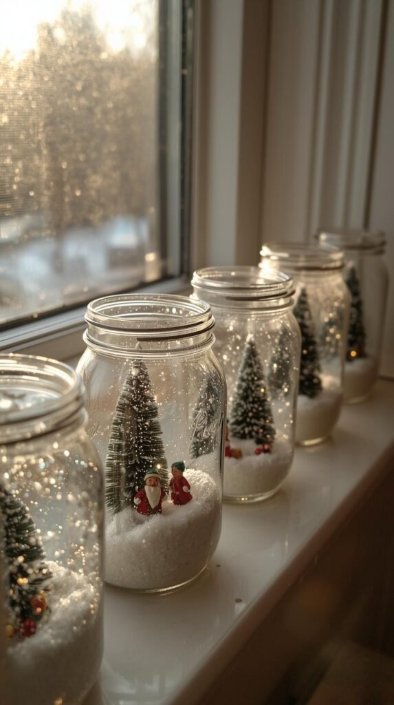 A collection of DIY mason jar snow globes on a windowsill. Each jar filled with glitter, mini Christmas trees, and figurines surrounded by fake snow.