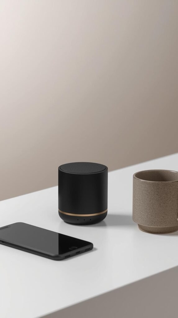 A compact Bluetooth speaker on a minimalist desk setup next to a phone and coffee mug, clean and stylish background.