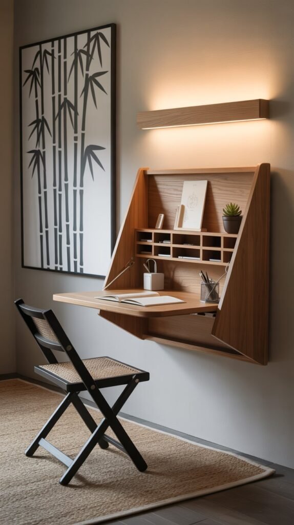 A compact Japandi-inspired home office designed for small spaces, with clean lines and natural textures. The focal point is a fold-down oak wall desk that opens to reveal a smooth work surface with built-in cubbies, then folds flat when not in use. In front of it sits a rush-seat folding chair, lightweight and textured, easy to store away. Mounted above is a slim LED wall bar, providing soft, glare-free lighting that blends seamlessly into the design. An oversized black-and-white line drawing decorates the wall, adding artistic calm without clutter. Beneath the setup, a flat-woven cotton dhurrie rug defines the workspace footprint with minimal bulk. The palette features natural oak, neutral tones, and organic fibers, balancing function with Japandi simplicity. The overall look feels intentional, airy, and stylish—proving small spaces can achieve big design impact.