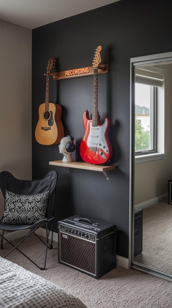 A cool, modern teen music-themed bedroom corner with a bold black accent wall. Two guitars—a natural acoustic and a red electric—are stylishly mounted on the wall, serving as both décor and functional instruments. Below them, a small floating wood shelf holds a mannequin head with headphones and a glowing red ‘RECORDING’ sign, creating a creative studio vibe. A Vox amplifier sits neatly on the carpeted floor below, completing the setup. To the left, a cozy black butterfly chair with a patterned cushion adds a relaxed, casual touch beside a sunlit window. The mirrored closet door on the right reflects the room, enhancing brightness and space. The overall aesthetic is edgy, minimalist, and perfect for a teen musician or creative type.