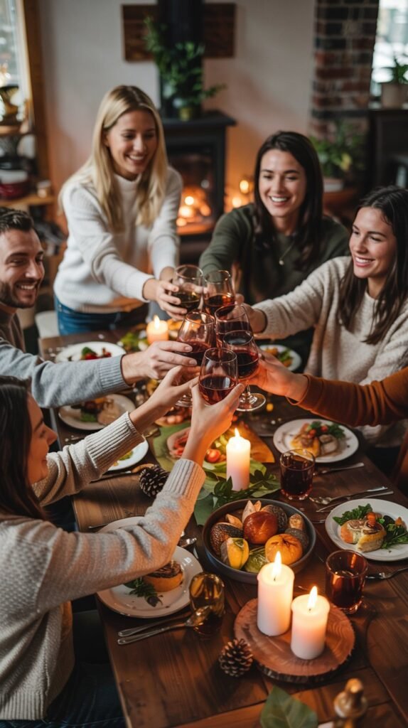 A cozy Friendsgiving dinner moment captured from above.