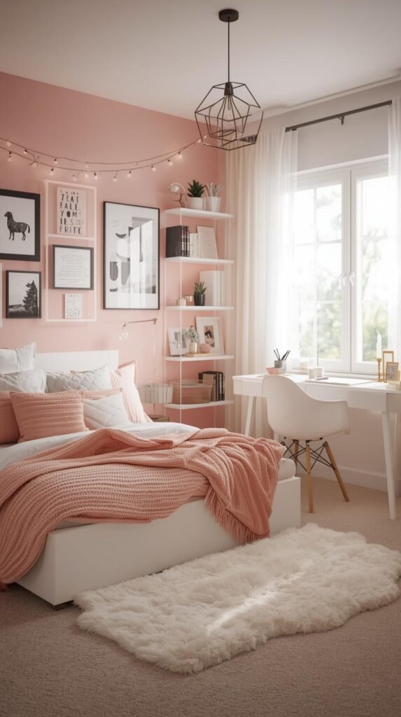 A cozy and feminine teen bedroom with a soft pink aesthetic. The space features a white platform bed layered with a chunky blush pink knit blanket, multiple throw pillows in shades of pink and cream, and a plush white rug on beige carpet flooring. A string of warm fairy lights drapes across the pink accent wall, framing a gallery of black, white, and blush art prints in mixed frames. A white modern desk with a wooden-legged chair sits beneath a bright window with sheer white curtains, decorated with candles, books, and framed photos. Floating white shelves display small plants, books, and decor items. A geometric pendant light fixture adds a modern touch. The overall vibe is warm, inviting, and dreamy — a perfect blend of comfort, style, and personality