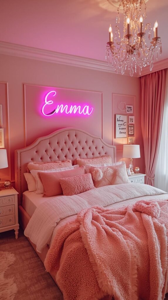 A dreamy and feminine pink bedroom styled for a young girl named Sophia. The room features a plush tufted headboard in soft blush velvet, layered with cozy pink and cream pillows and a quilted comforter. Above the bed, a glowing pink neon sign spells out ‘Sophia’ with a heart at the end, casting a warm, whimsical light. The walls are painted a gradient blush pink with elegant molding, complemented by framed art and inspirational wall decor. A crystal chandelier adds sparkle, while sheer blush curtains allow natural light to softly filter in. White nightstands with matching lamps and gold accents complete the look. The aesthetic is cozy, glamorous, and perfectly girly — ideal for a Pinterest-style kids’ room inspiration.