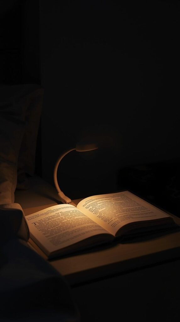 Bedside scene showing a flexible clip-on book light illuminating an open book.