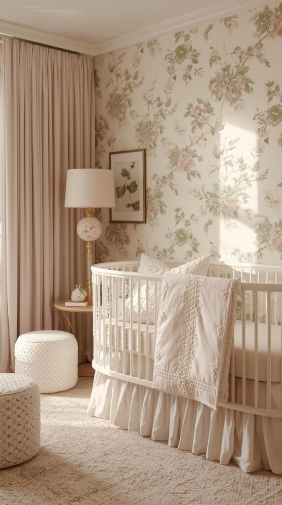 A floral baby nursery with blush and sage tones, botanical wallpaper, embroidered bedding, and soft lighting; elegant, feminine, and fresh garden-inspired design.