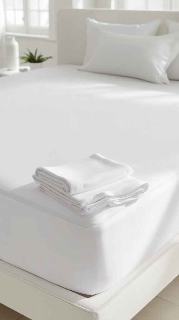A freshly cleaned mattress being covered with a white waterproof mattress protector.