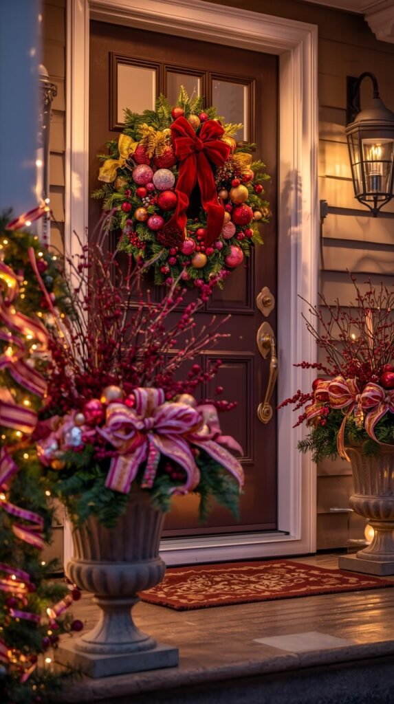 A front porch styled in the Berry Jolly theme. 