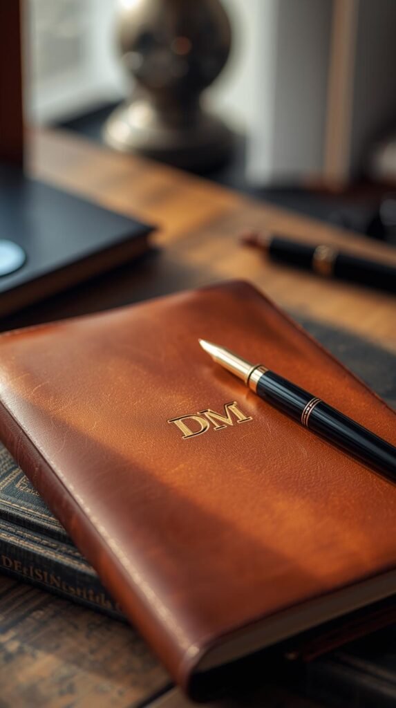 A close-up of a brown leather notebook with a gold monogram, pen resting on top, and soft blurred office background with natural light.