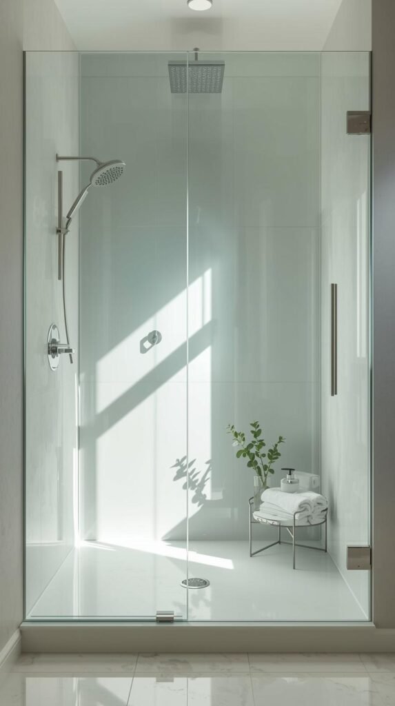 A full shot of a spotless, modern glass shower gleaming under natural light.