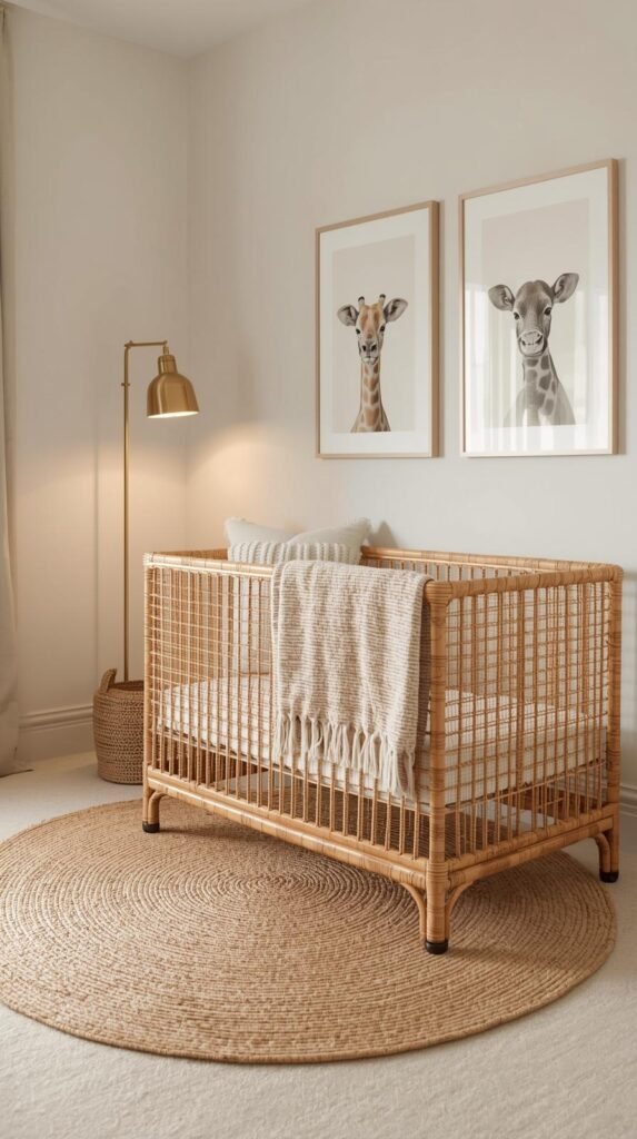 A gender-neutral safari nursery with cane crib, beige and ivory tones, framed animal art, jute rug, and gold lamp accents; minimal and upscale aesthetic.