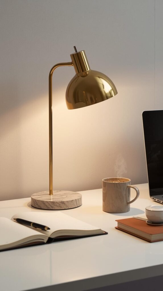 A gold or marble-base desk lamp glowing on a modern work setup with a notebook, coffee mug, and laptop nearby.