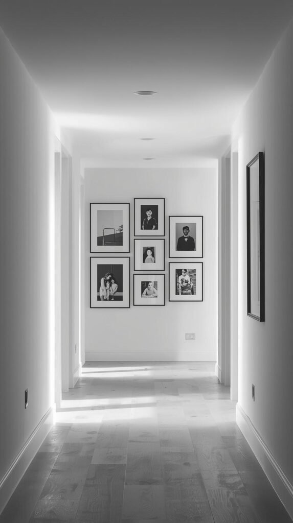 Design a vertical collage featuring four different room setups, each with its own gallery wall style.A bold living room gallery with mixed art and mirrors above a sofa.A calm, neutral bedroom with minimalist art above a headboard.A hallway gallery with a symmetrical Family Photo Wall in black-and-white.A home office with motivational quotes and travel prints above a desk.
Each scene should have distinct lighting and styling that reflects the personality of the room, unified through warm tones and cohesive framing.