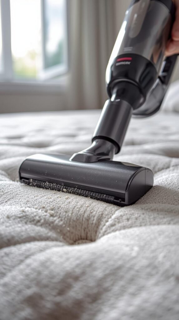 A handheld vacuum with an upholstery attachment being used on a light-colored mattress.